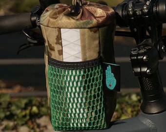 Patchwork camo feed bag, camouflage stem bag, bags for commuting and bike adventures, bikepacking, ready made