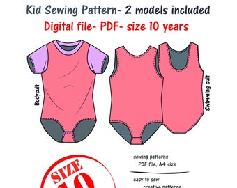 Kid Bodysuit Sewing Pattern, Child Leotard 10 years, Kid Swimming Suit Pattern, Gymnastic Bodysuit Pattern, Child Swimming Suit Sewing PDF