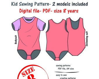 Kid Bodysuit Sewing Pattern, Child Leotard 8 years, Kid Swimming Suit Pattern, Gymnastic Bodysuit Pattern, Child Swimming Suit Sewing PDF