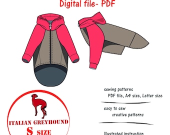 Italian Greyhound(small)Dog Raglan Hoodie Sewing Pattern PDF, Italian Greyhound Sweatshirt Pattern,Iggy Jacket PDF, Iggy Clothes Sewing PDF