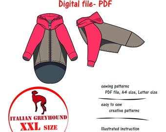 Italian Greyhound(XXL)Dog Raglan Hoodie Sewing Pattern, Greyhound T-shirt Pattern, Greyhound Sweater Pattern PDF, Top Dog PDF, Blouse Dog