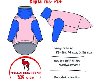 Italian Greyhound(XS) Dog T-shirt Sewing Pattern, Italian Greyhound Clothes Pattern, Iggy Sweater Pattern PDF, Iggy Top Dog PDF, Blouse Dog