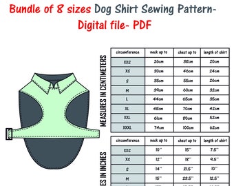 Dogs Shirt Sewing Pattern PDF Bundle of 8 Sizes, Dog Coat Sewing Pattern, Dog Clothes Pattern PDF, Dog Jacket Sewing, Dog Suit Pattern Pdf