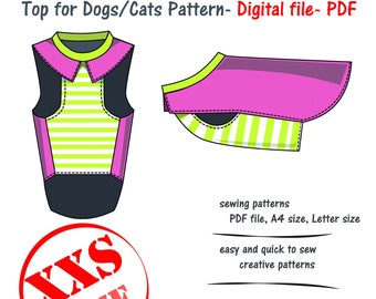 Extra Small Dog Tee Shirt Sewing Pattern, Cat Tee Shirt Sewing Pattern, Digital File pdf, Dog Blouse pdf, Top Dog PDF, Dog t-shirt pdf