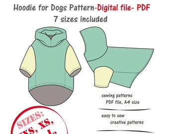 Bundle 7 sizes Dog Hoodie Digital Sewing Pattern Pdf, Dog T-shirt Pattern, Dog Tee Shirt Sewing, Dog Sweatshirt Pdf, Dog Pullover Sewing Pdf