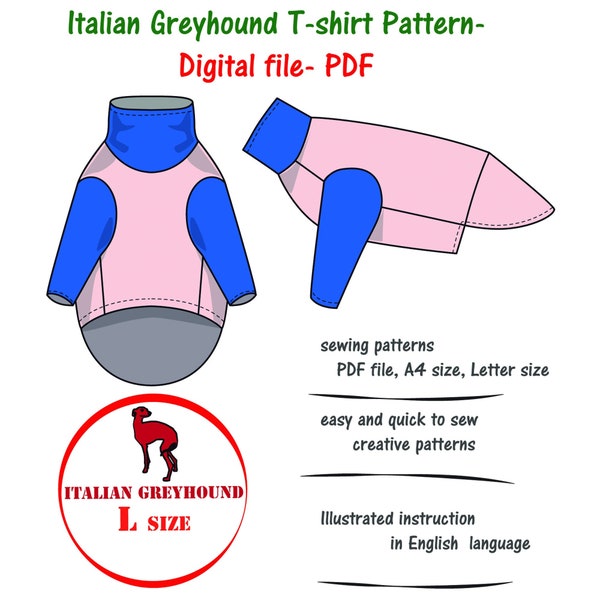 Italian Greyhound(L) Dog T-shirt Sewing Pattern PDF, Italian Greyhound Clothes Sewing Pattern, Italian Greyhound Turtleneck Pattern PDF