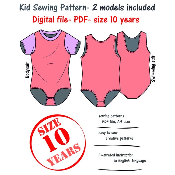 Kid Bodysuit Sewing Pattern, Child Leotard 10 years, Kid Swimming Suit Pattern, Gymnastic Bodysuit Pattern, Child Swimming Suit Sewing PDF