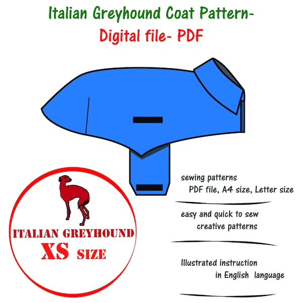 Italian Greyhound(XS)Dog Coat Sewing Pattern, Greyhound Shirt Pattern Pdf, Greyhound Jacket Pattern PDF, Shirt Coat Greyhoun Dog PDF