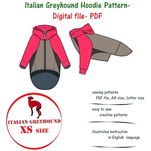 Italian Greyhound(xs)Dog Raglan Hoodie Sewing Pattern PDF, Italian Greyhound Sweatshirt Pattern, Iggy Jacket PDF, Iggy Clothes Sewing PDF