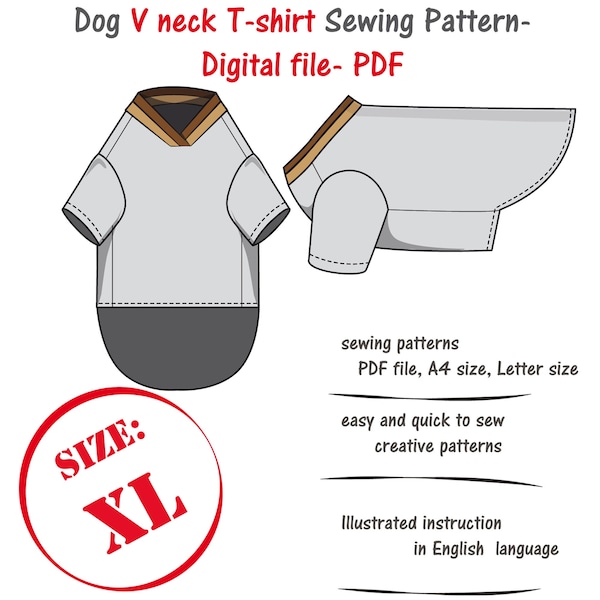 Extra Large(xl) Dog V Neck T-shirt Sewing Pattern PDF, Big Dog Pullover Pattern Pdf, Large Dog T-shirt Sewing Pdf, Big Dog Top Pattern Pdf