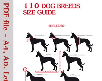 Unique and Complete Dog Size Guide Pdf file, 110 Illustrated Dog Breeds Size Chart, Dog Breeds Body Sizes, Dog Breeds Poster A0 and A4 pdf