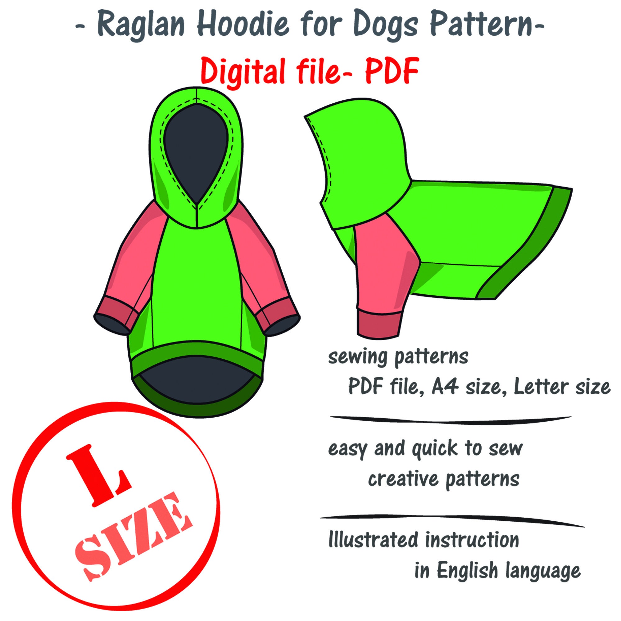 Large Dogs Raglan Hoodie Sewing Pattern PDF, Big Dog Tee Shirt Pdf, Large Dog Clothes Sewing Pattern, DIY Big Dog Sweatshirt Sewing Pattern - Etsy