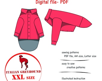 Italian Greyhound(size XXL) Shirt Digital Sewing Pattern Pdf, Italian Greyhound Clothes Sewing Pattern, Italian Greyhound Basic Sewing