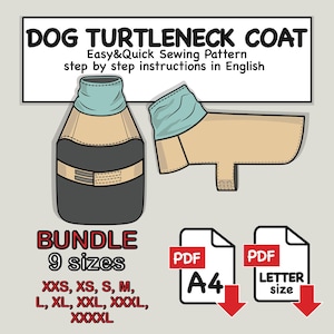 Bundle 9 sizes Turtleneck Coat For Dog Digital Sewing Pattern Pdf, Dog Polo Pattern, Dog Coat Sewing, Dog Hoodie Pdf, Dog Pullover Pdf