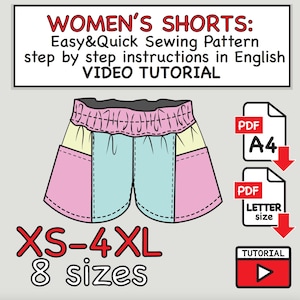 Pode incluir: Um padrão de costura para shorts femininos, ilustrado em estilo cartoon. Os shorts são mostrados em rosa, amarelo e azul. O texto inclui "Easy & Quick Sewing Pattern" e "XS-4XL 8 sizes".