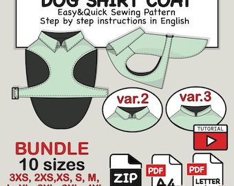 Pacchetto PDF di modelli di camicie per cani: 10 taglie (3XS-4XL) (download digitale)