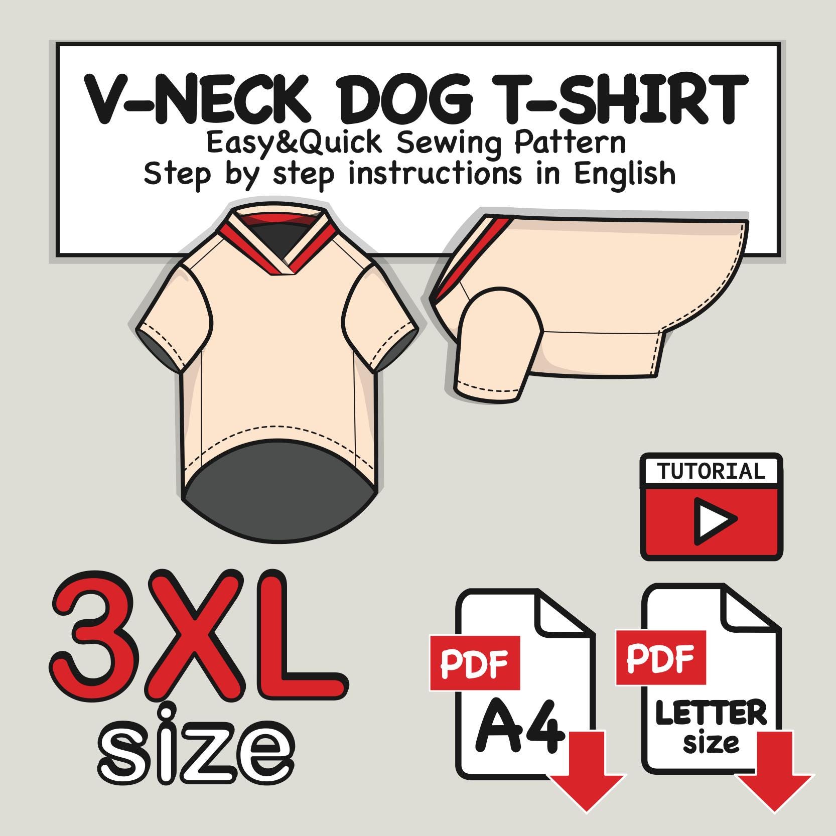 Huge Dog V-neck T-shirt Digital Sewing Pattern PDF files, Step by step tutorial in English, Great Dane T-shirt PDF, Cane Corso T-shirt PDF
