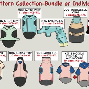 K&ouml;nnte beinhalten: Eine digitale Sammlung von Hunden&auml;h-Schnittmustern mit dem Titel Dog Sewing Pattern Collection-Bundle or Individual Size Files. Sie zeigt Illustrationen verschiedener Kleidungsst&uuml;cke, darunter ein Regenmantel, ein Tanktop, ein Hemd, eine Motorradweste, ein Overall, ein Rollkragenmantel, eine Ninjamaske, ein Oberteil, ein Pullover, ein V-Ausschnitt, ein einfaches Oberteil, ein Stehkragen, ein T-Shirt, ein Kapuzenpullover und ein Raglan.