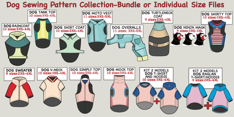 K&ouml;nnte beinhalten: Eine digitale Sammlung von Hunden&auml;h-Schnittmustern mit dem Titel Dog Sewing Pattern Collection-Bundle or Individual Size Files. Sie zeigt Illustrationen verschiedener Kleidungsst&uuml;cke, darunter ein Regenmantel, ein Tanktop, ein Hemd, eine Motorradweste, ein Overall, ein Rollkragenmantel, eine Ninjamaske, ein Oberteil, ein Pullover, ein V-Ausschnitt, ein einfaches Oberteil, ein Stehkragen, ein T-Shirt, ein Kapuzenpullover und ein Raglan.
