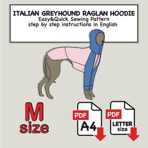 Modello di cucito per felpa con cappuccio del levriero italiano in formato PDF: modello Raglan taglia M (A4/Lettera)