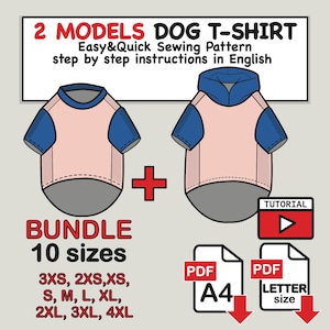 Bundle 10 sizes and 2 models Dog T-shirt/Hoodie Digital Sewing Pattern Pdf, DIY Dog Tee Shirt Sewing, Dog Sweatshirt Pdf, Dog Pullover Pdf
