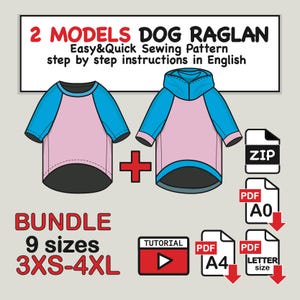 Patrón de costura para sudadera y camiseta raglán para perro: 9 tallas (Descarga PDF)