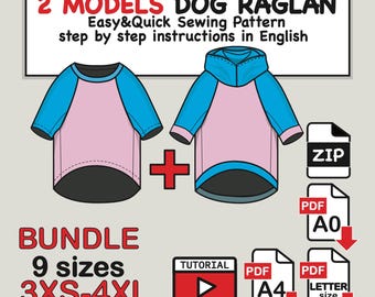 Dog Raglan Hoodie & T-Shirt Sewing Pattern: 9 Sizes (PDF Download)