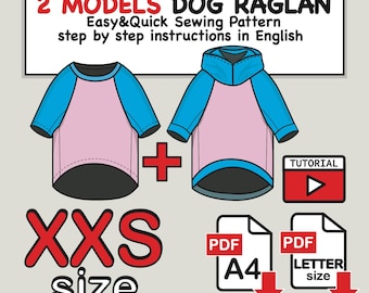 Très petit chien raglan t-shirt et patron de couture à capuche (téléchargement numérique, taille XXS)