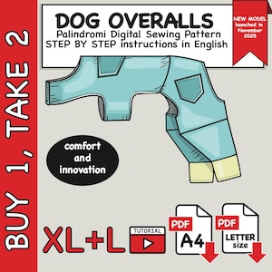 Digitales Schnittmuster für Hundeoverall, 2 Größen (XL + L), Letter- und A4-Format
