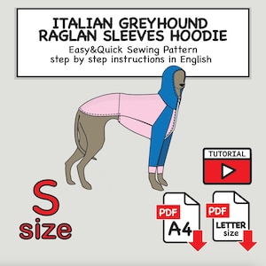 Italian Greyhound Raglan Sleeves Hoodie Sewing Pattern PDF - Size S