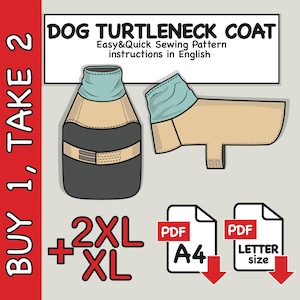 Modello di cucito per cappotto a collo alto per cani di taglia extra large (download digitale PDF) - Taglie XL+2XL