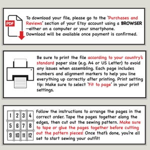 K&ouml;nnte beinhalten: Drei Hinweistafeln mit schwarzem Text auf wei&szlig;em Hintergrund. Die erste zeigt ein PDF-Symbol und Download-Anweisungen. Die zweite enth&auml;lt ein Druckersymbol und Drucktipps. Die dritte zeigt ein nummeriertes Raster und Anweisungen zum Zusammenbau.