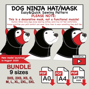 Patrón de costura para máscara de ninja para perro: pasamontañas DIY, 9 tallas (descarga en PDF)