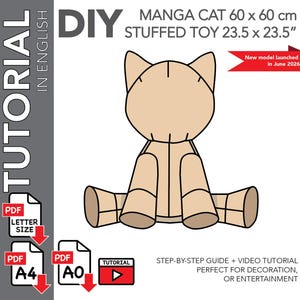 Patron de couture pour peluche chat manga géant – Format PDF numérique, A4, A0 et Lettre