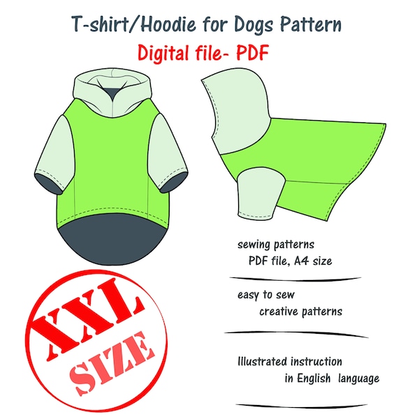 Extra Large(xxl) Dog Hoodie Digital Sewing Pattern PDF, Big Dog Pullover Pattern, Large Dog T-shirt Sewing Pdf, Big Dog Sweater Pattern Pdf