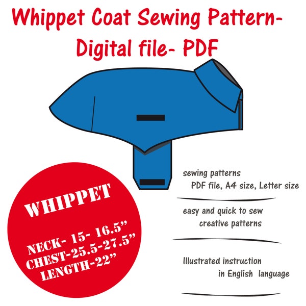 Whippet Coat Digital Sewing Pattern PDF, Whippet Shirt Pattern Pdf, Whippet Jacket Pattern PDF, Lurcher Coat Sewing, Saluki Shirt Sewing Pdf