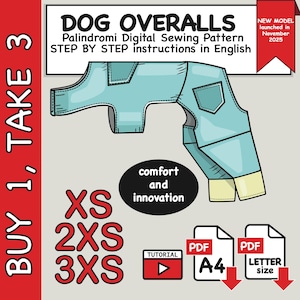 Könnte beinhalten: Digitales Schnittmuster für Hunde-Overalls aus hellblauem Denim, mit Schritt-für-Schritt-Anleitung. Enthält die Größen XS, 2XS und 3XS. Mit Video-Tutorial und PDF-Downloads in A4- und Letter-Größe. Neues Modell im November 2025 veröffentlicht.