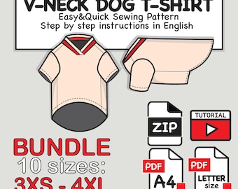 Cartamodello per t-shirt con scollo a V per cani e gatti: 10 taglie (download digitale in PDF)