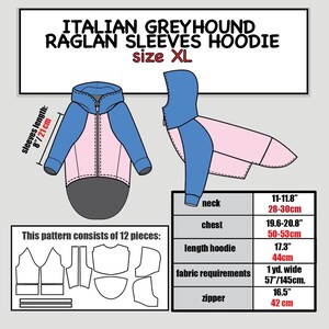 K&ouml;nnte beinhalten: Ein Schnittmuster f&uuml;r einen Kapuzenpullover mit Raglan&auml;rmeln f&uuml;r Italienische Windspiele in Gr&ouml;&szlig;e XL. Das Bild zeigt eine Vorder- und Seitenansicht des blau-rosa Hoodies, ein Schnittmuster mit 12 Teilen und eine Tabelle mit Ma&szlig;en in Zentimetern.