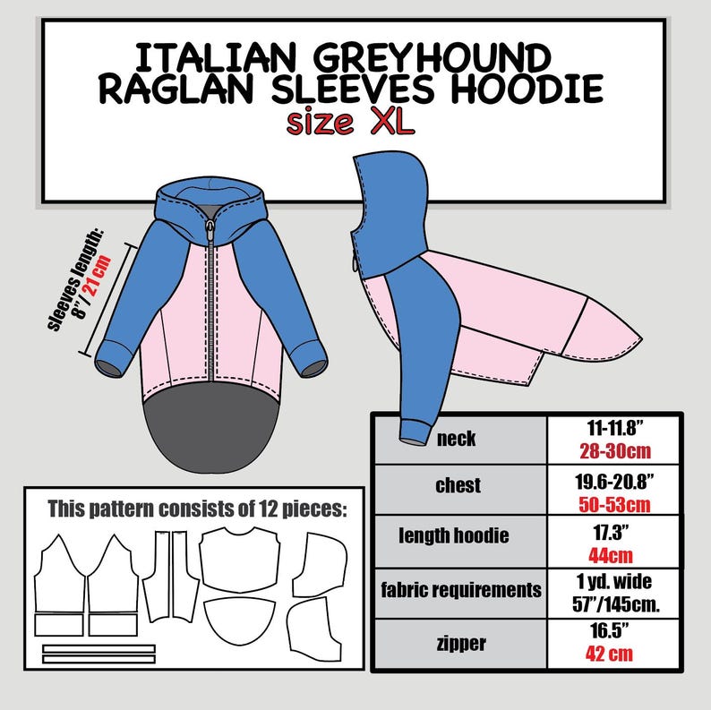 K&ouml;nnte beinhalten: Ein Schnittmuster f&uuml;r einen Kapuzenpullover mit Raglan&auml;rmeln f&uuml;r Italienische Windspiele in Gr&ouml;&szlig;e XL. Das Bild zeigt eine Vorder- und Seitenansicht des blau-rosa Hoodies, ein Schnittmuster mit 12 Teilen und eine Tabelle mit Ma&szlig;en in Zentimetern.