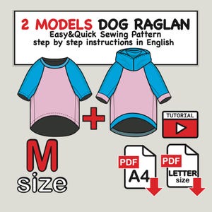 Kit 2 Models Medium Dog Raglan Sleeve T-shirt and Hoodie Digital Sewing Pattern Pdf, Step by Step Video tutoria in English, DIY Dog Clothes