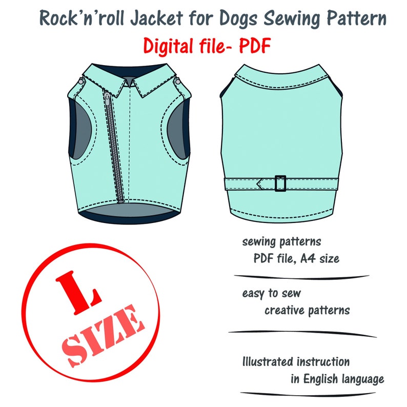Large Dog's Rock'n'roll Jacket Sewing Pattern, Digital File, Big Dog Clothes Sewing Pattern, Large Dog Vest Sewing Pattern, Big Dog's Vest image 3