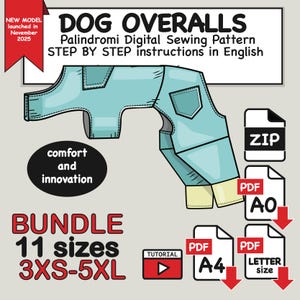 Dog Overalls Sewing Pattern - 11 Sizes 3XS-5XL (Digital Download)