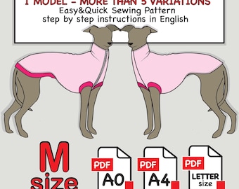 May include: A sewing pattern for an Italian Greyhound blouse featuring two illustrations of dogs wearing pink garments with dark pink trim. Text includes ITALIAN GREYHOUND BLOUSE, 1 MODEL - MORE THAN 5 VARIATIONS, Easy&Quick Sewing Pattern, M size, and PDF A0, A4, and Letter size icons.