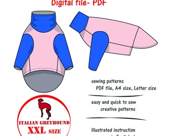 Italian Greyhound(XXL) T-shirt Sewing Pattern Pdf, Italian Greyhound Clothes Pattern, Italian Greyhound Turtleneck Pattern PDF, DIY dog top