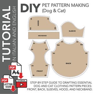 Könnte beinhalten: DIY-Tutorial für die Erstellung von Haustiermustern (Hund & Katze) auf Italienisch und Englisch. Das Bild zeigt Schnittmusterteile für Vorderseite, Rückseite, Ärmel, Kapuze und Halsband.