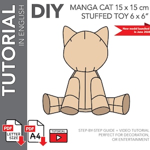 May include: A DIY manga cat stuffed toy pattern featuring a beige outline of a seated cat. The text includes TUTORIAL IN ENGLISH, DIY, MANGA CAT 15 x 15 cm, STUFFED TOY 6 x 6 inches, New model launched in June 2026, PDF LETTER SIZE, PDF A4, and TUTORIAL.