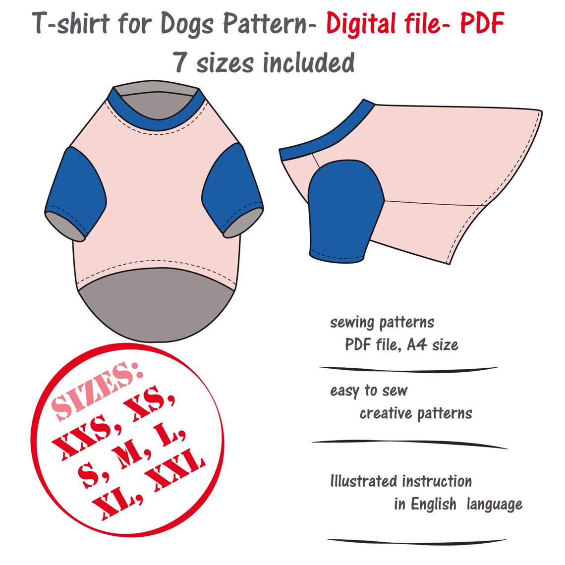 Bundle 7 Sizes Dog Tshirt Digital Sewing Pattern Pdf Dog Etsy