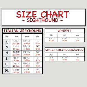 K&ouml;nnte beinhalten: Eine Gr&ouml;&szlig;entabelle f&uuml;r Windhunde mit Tabellen f&uuml;r Italienische Windspiele, Whippets und Galgos. Die Tabelle listet Hals-, Brust- und R&uuml;ckenl&auml;ngen in Zoll und Zentimetern f&uuml;r die Gr&ouml;&szlig;en XS bis 2XL f&uuml;r Italienische Windspiele auf.