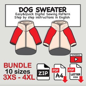 Bundle Hund Raglan-Pullover Schnittmuster PDF : 3XS & 4XL Größen (Digitaler Download)